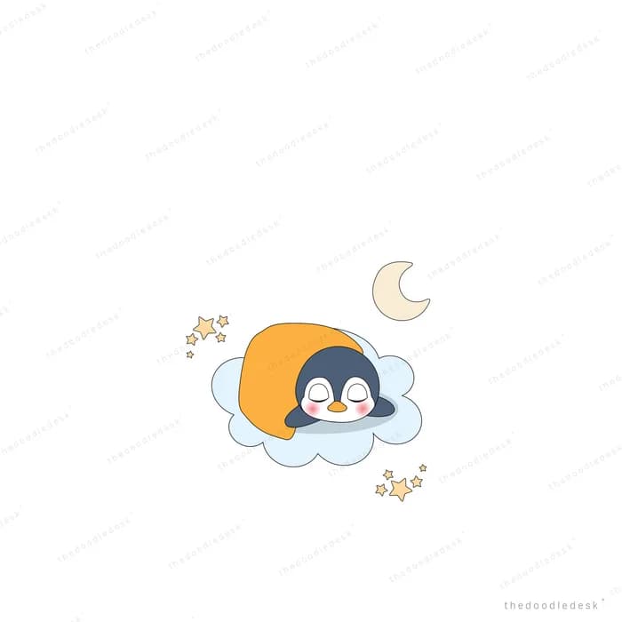 Penguin asleep on a cloud under a crescent moon