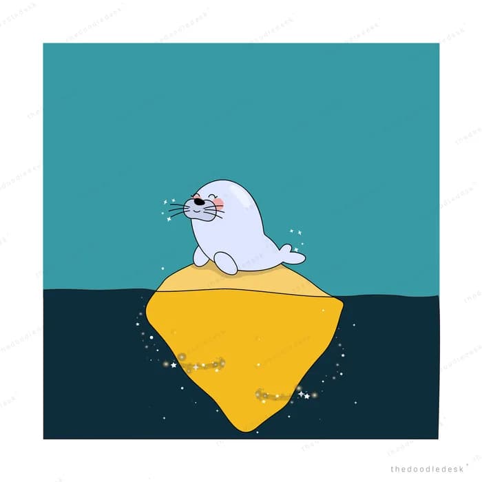 Seal balancing on a yellow iceberg in dark water