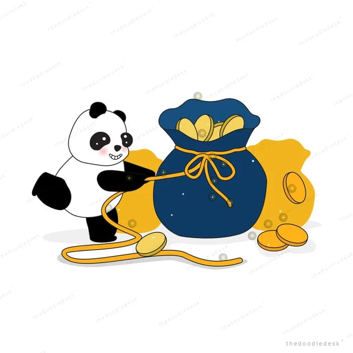 Panda dragging two large money bags