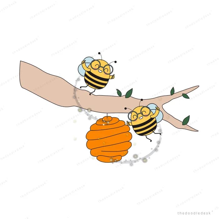 Bees tending a honeycomb hanging from a branch