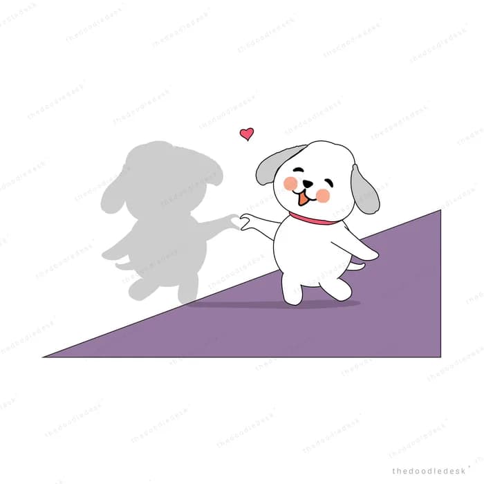 Dog running up a purple slope casting a long shadow