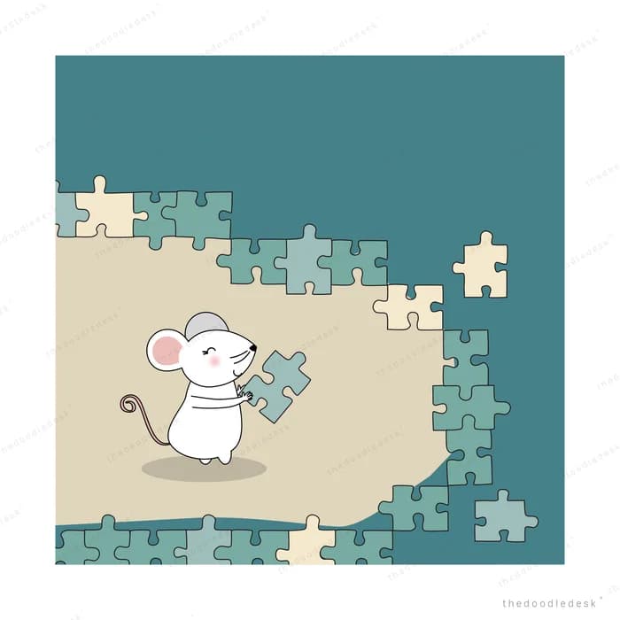 Mouse fitting a piece into a large jigsaw puzzle