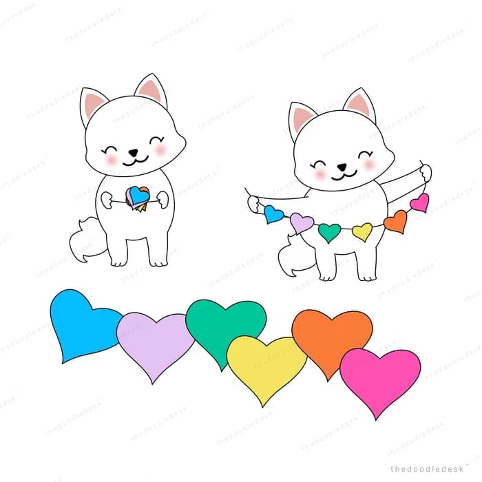 Two cats with bunting above a row of colourful hearts