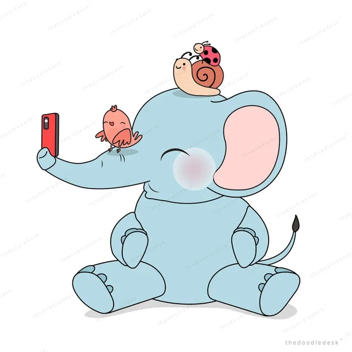 Blue elephant taking a photo with a phone