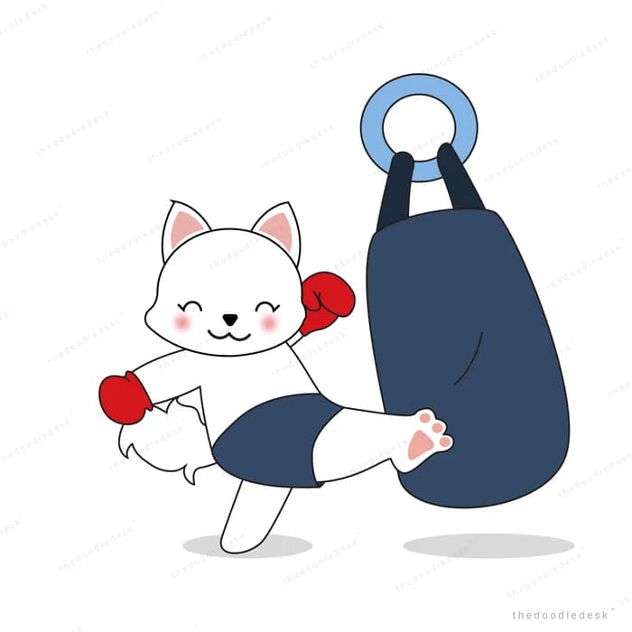 Boxing cat in gloves facing a punching bag
