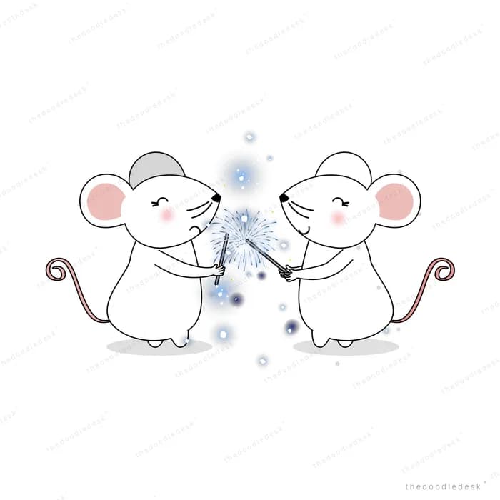 Two mice on either side of a cluster of dark bubbles