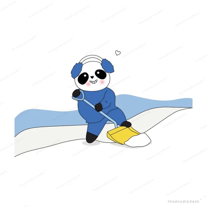 Panda in a blue coat sliding down a snowy slope
