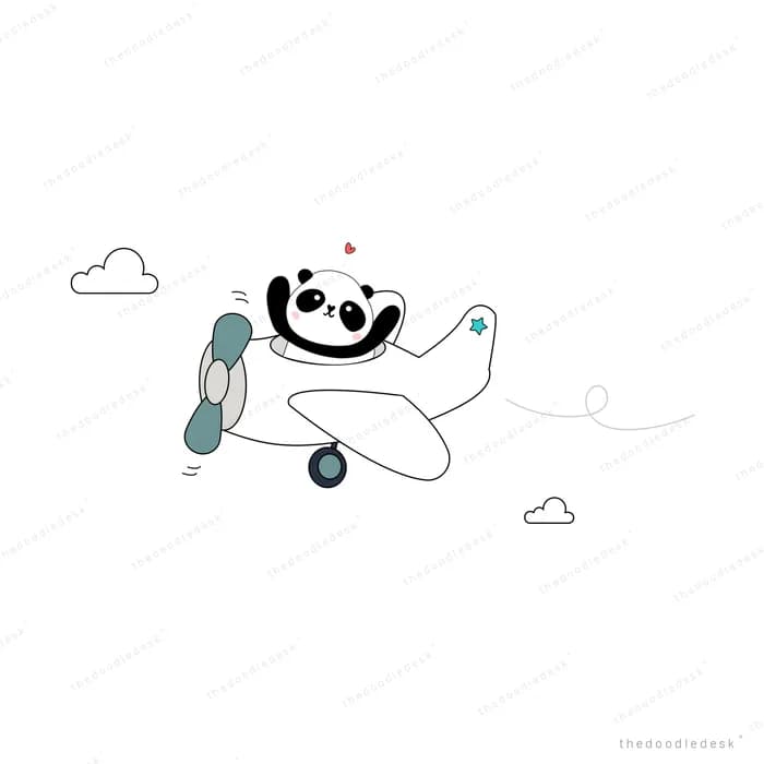 Panda flying a white paper plane through clouds