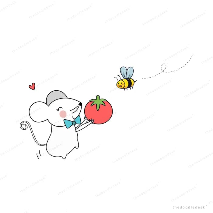 Rabbit reaching toward a bee and an apple