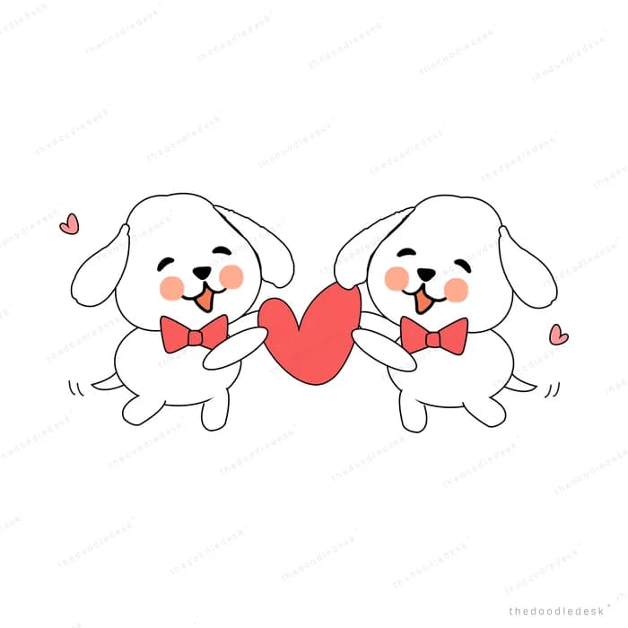Two puppies in bow ties sharing a red heart