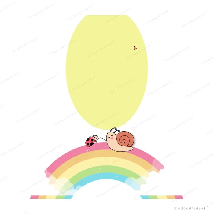 Snail and ladybug sitting on top of a rainbow