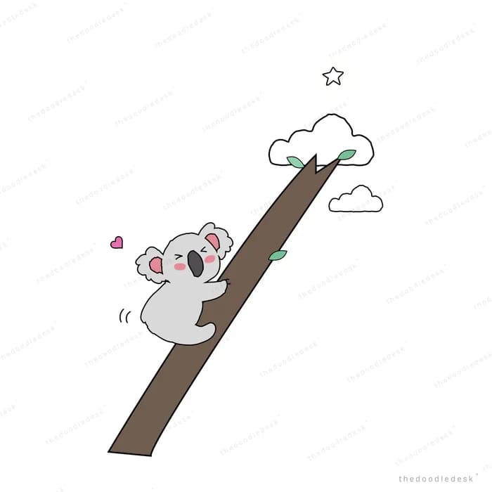 Koala climbing a bare diagonal branch toward a star