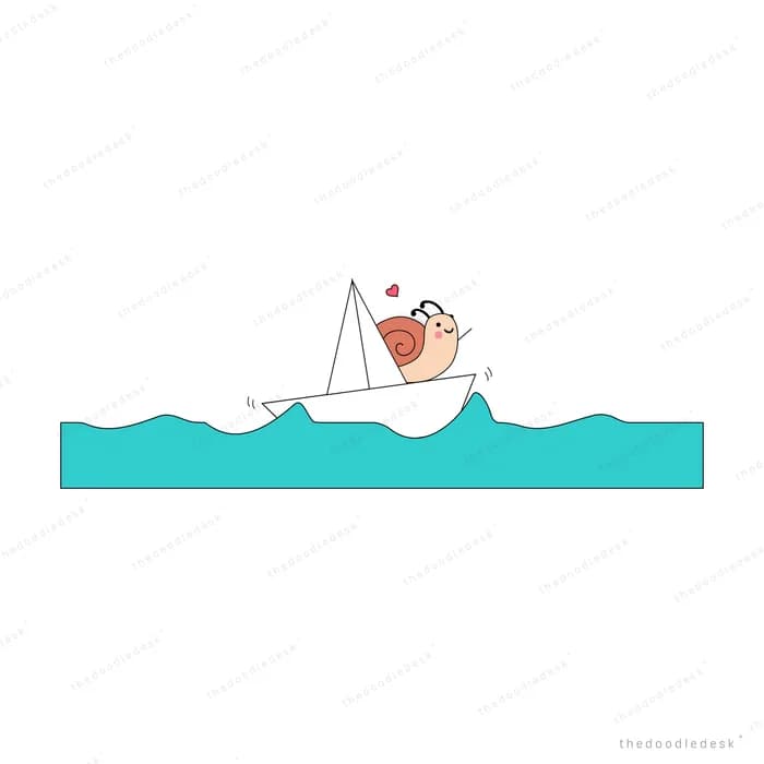 Dog sailing a small boat across a teal sea
