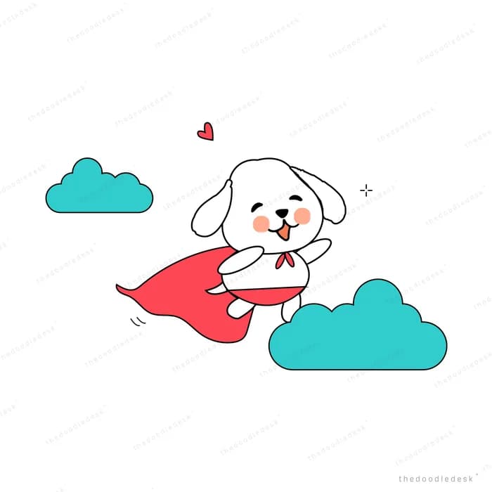 Dog flying on a red paper plane through clouds