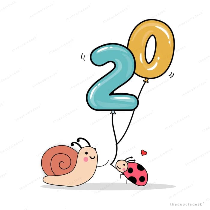 Snail holding number balloons reading 20