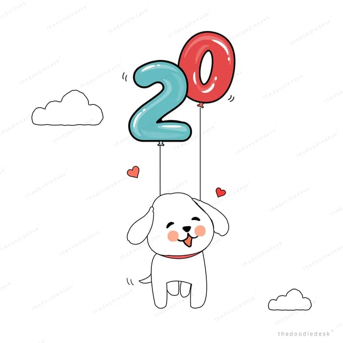 Dog holding number balloons reading 20