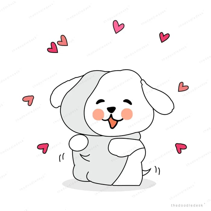 Fluffy white dog sitting among floating hearts