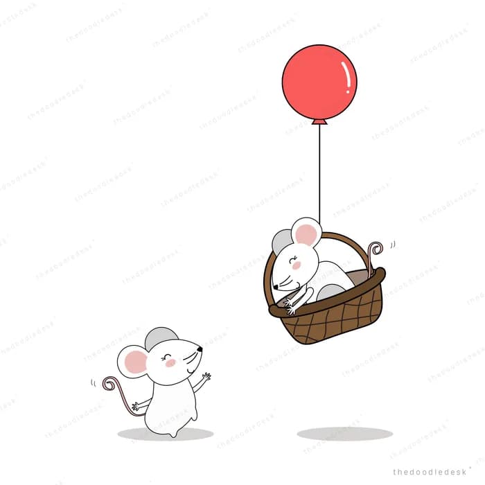 Rabbit in a balloon basket rising away from another