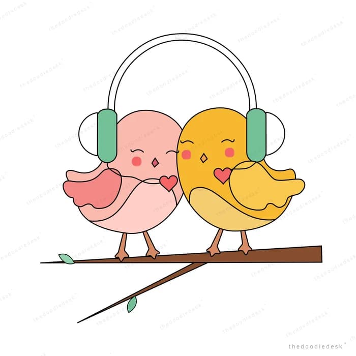 Two birds in headphones sitting on a branch