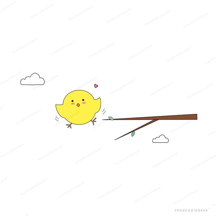 Chick perched on a thin branch under a cloud