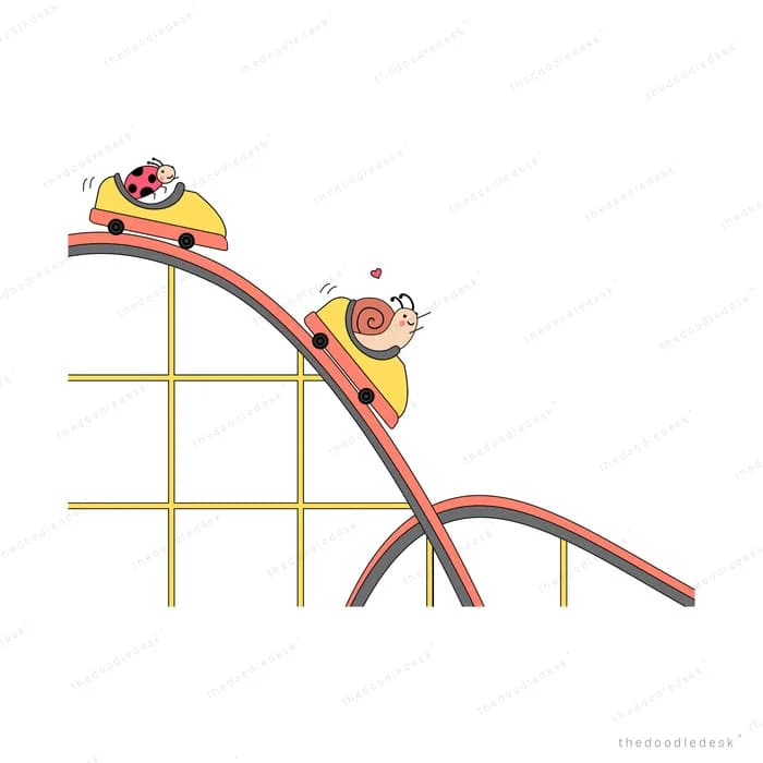 Snail sliding down a red roller coaster track