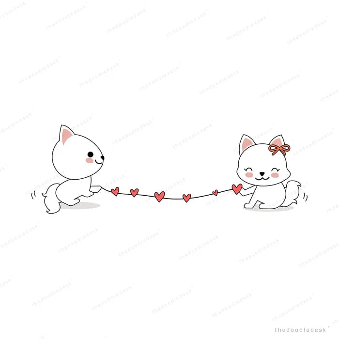Two cats pulling a string of hearts between them