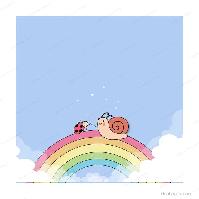 Snail resting on a rainbow against a blue sky panel