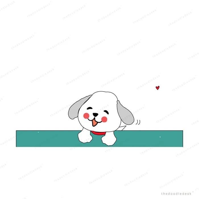 Dog peeking over a teal ledge with hearts