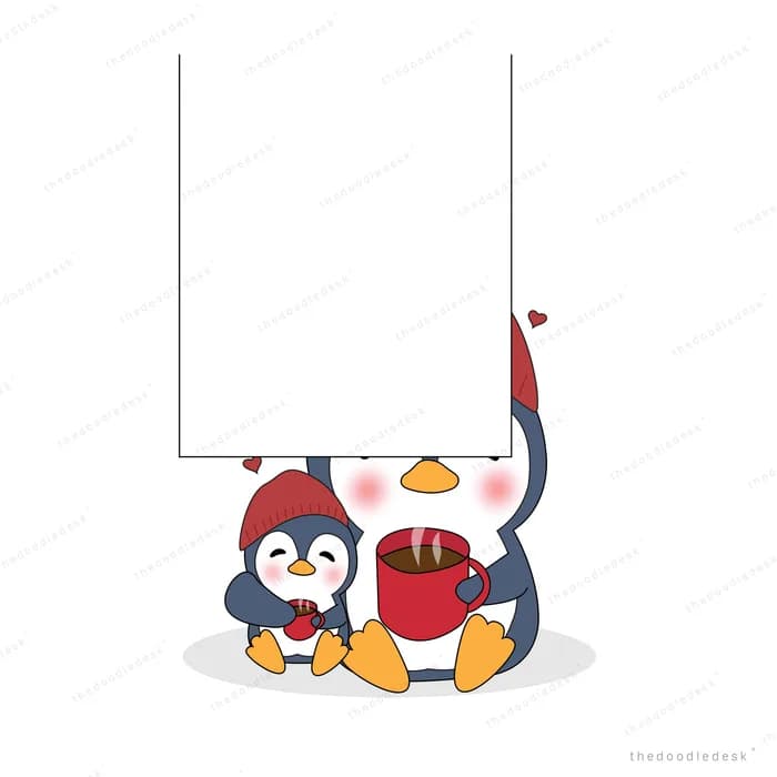 Penguin and cat holding up a large blank sign