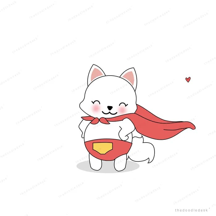 Cat in a red superhero cape with a heart emblem