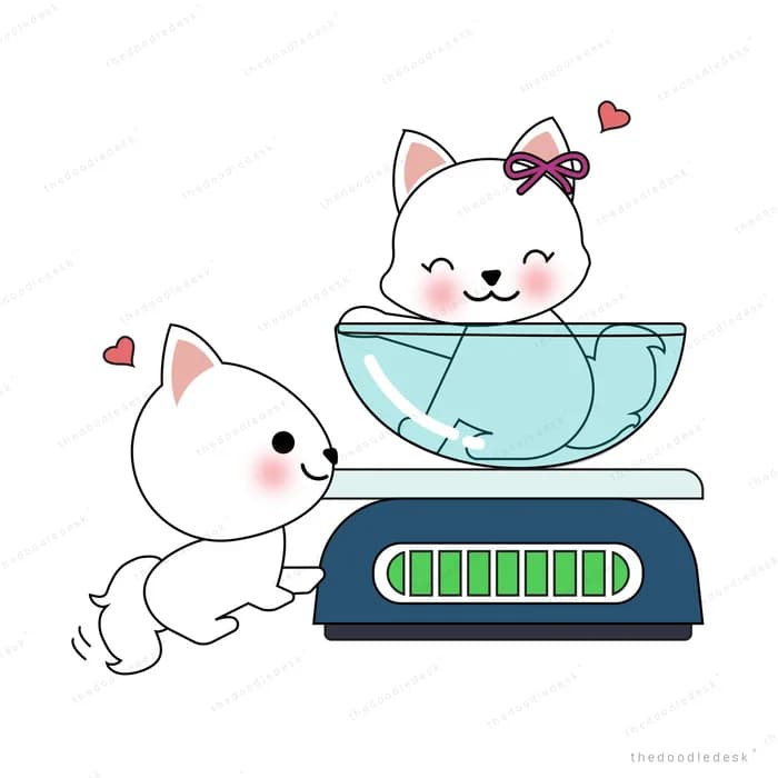 Cats around a bathroom scale with hearts