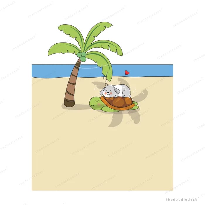 Turtle resting on a beach under a palm tree
