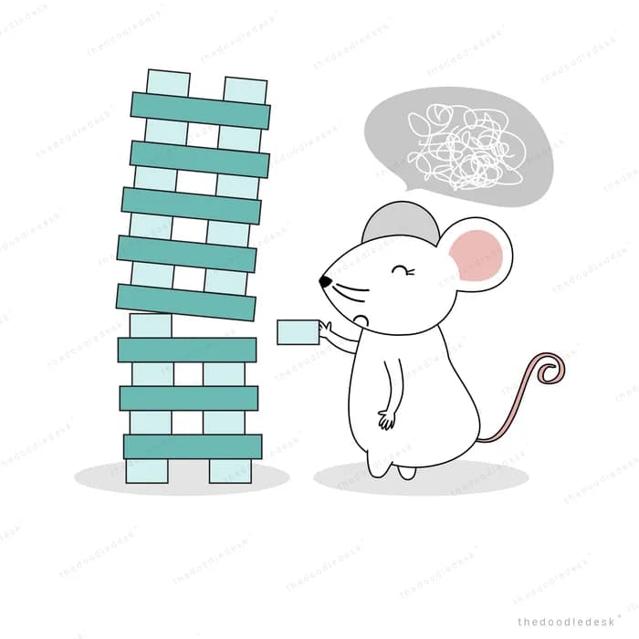 Mouse pulling a block from a tall jenga tower