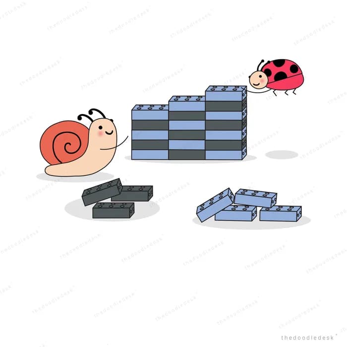 Snail beside stacked blocks with a ladybug on top