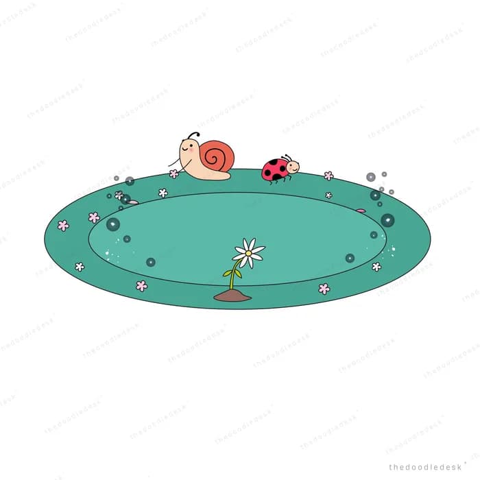 Snail and ladybug on a green oval pond of lilies