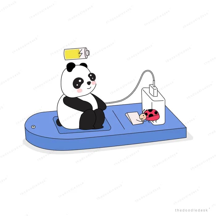 Panda lying on a blue mat with a drink and phone