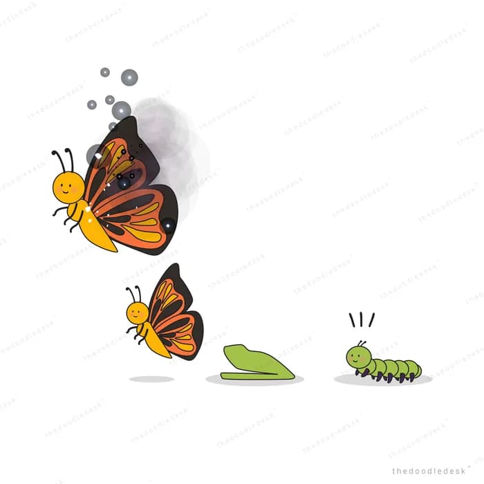 Butterfly facing a small green caterpillar