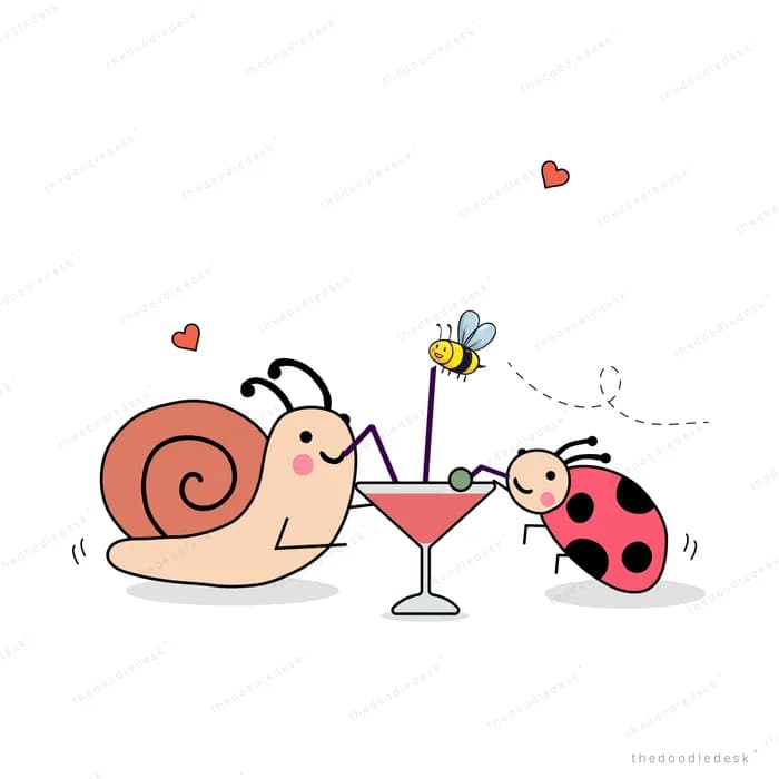 Snail and ladybug toasting with cocktail glasses