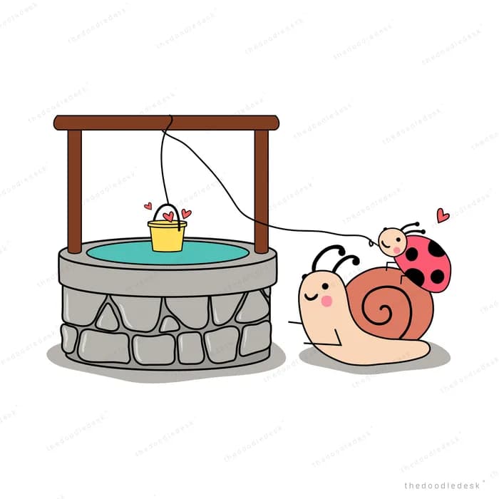 Snail and ladybug beside a stone wishing well