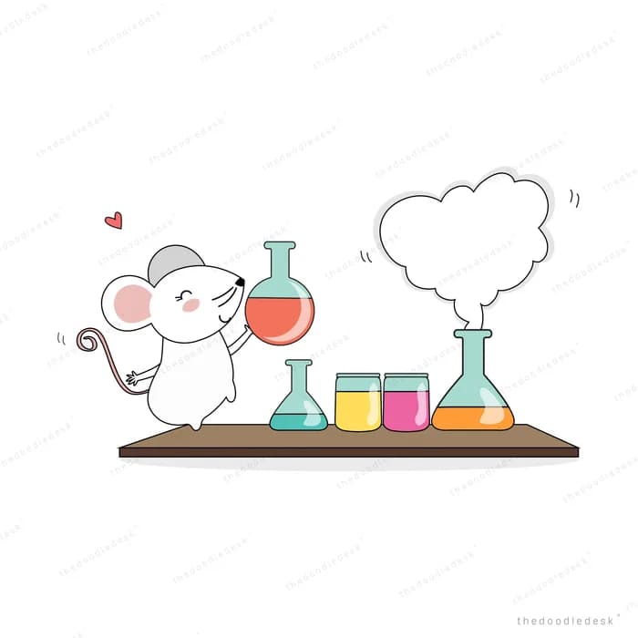 Mouse conducting an experiment with lab flasks