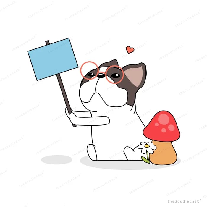 Dog holding up a blank placard beside mushrooms