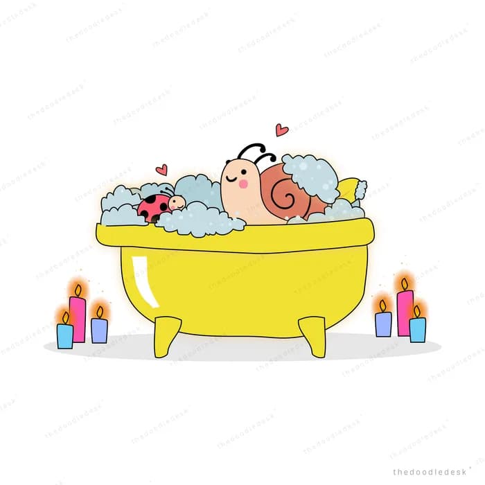 Snail relaxing in a yellow bathtub of bubbles