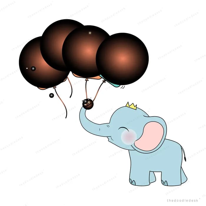 Elephant holding dark balloons