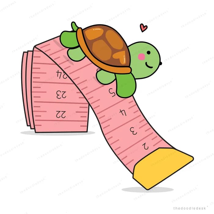 Turtle climbing a pink and yellow ribbon