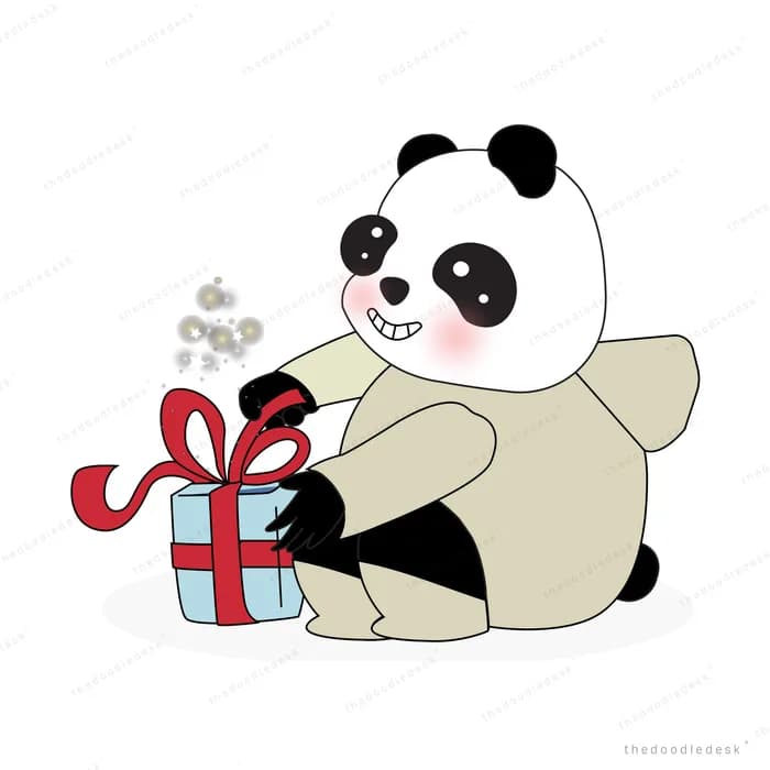 Two pandas beside a wrapped gift with a bow
