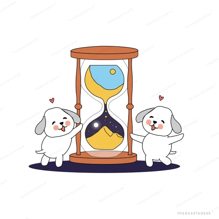 Two dogs on either side of a large hourglass