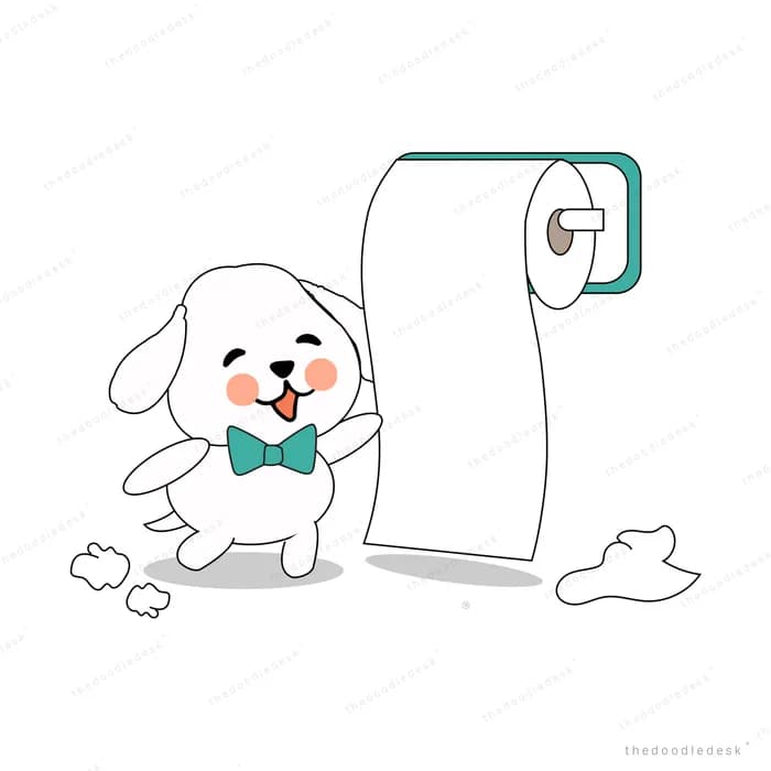 Dog beside a large roll of toilet paper