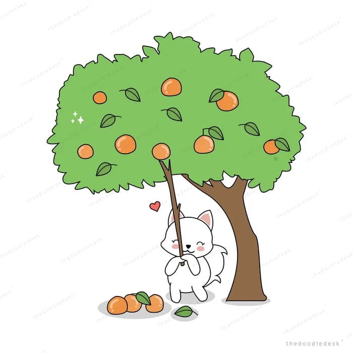 Cat swinging from a fruiting orange tree