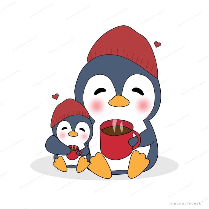 Penguin family in winter hats huddled together