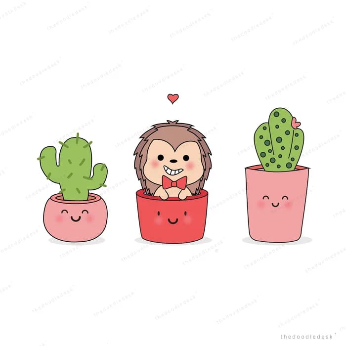 Hedgehog between two potted cacti